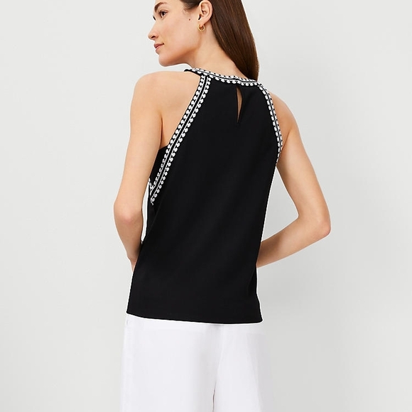 Ann Taylor Embroidered Black White Halter Top XXS - Picture 2 of 5